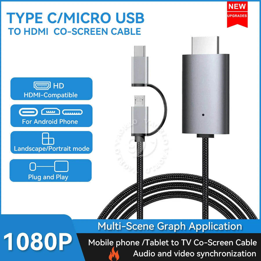 Type C/Micro USB to HDMI co-screen cable for mobile phone to TV mirroring and audio video synchronization