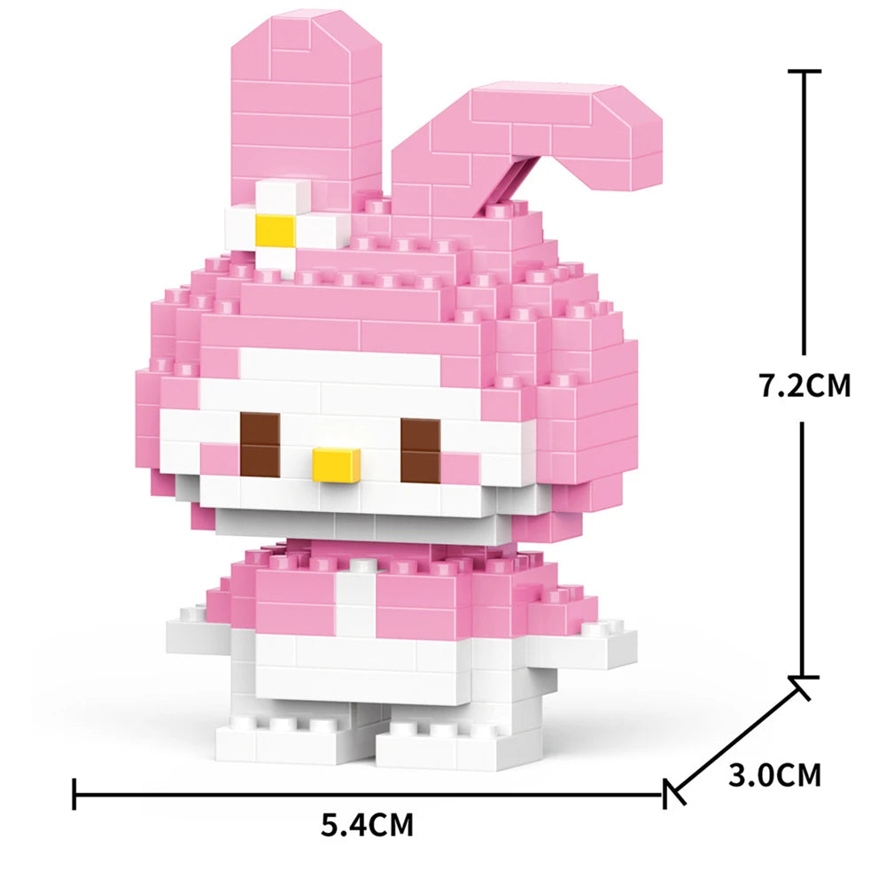 A pink and white micro building block figurine of a rabbit with a yellow nose and ears.