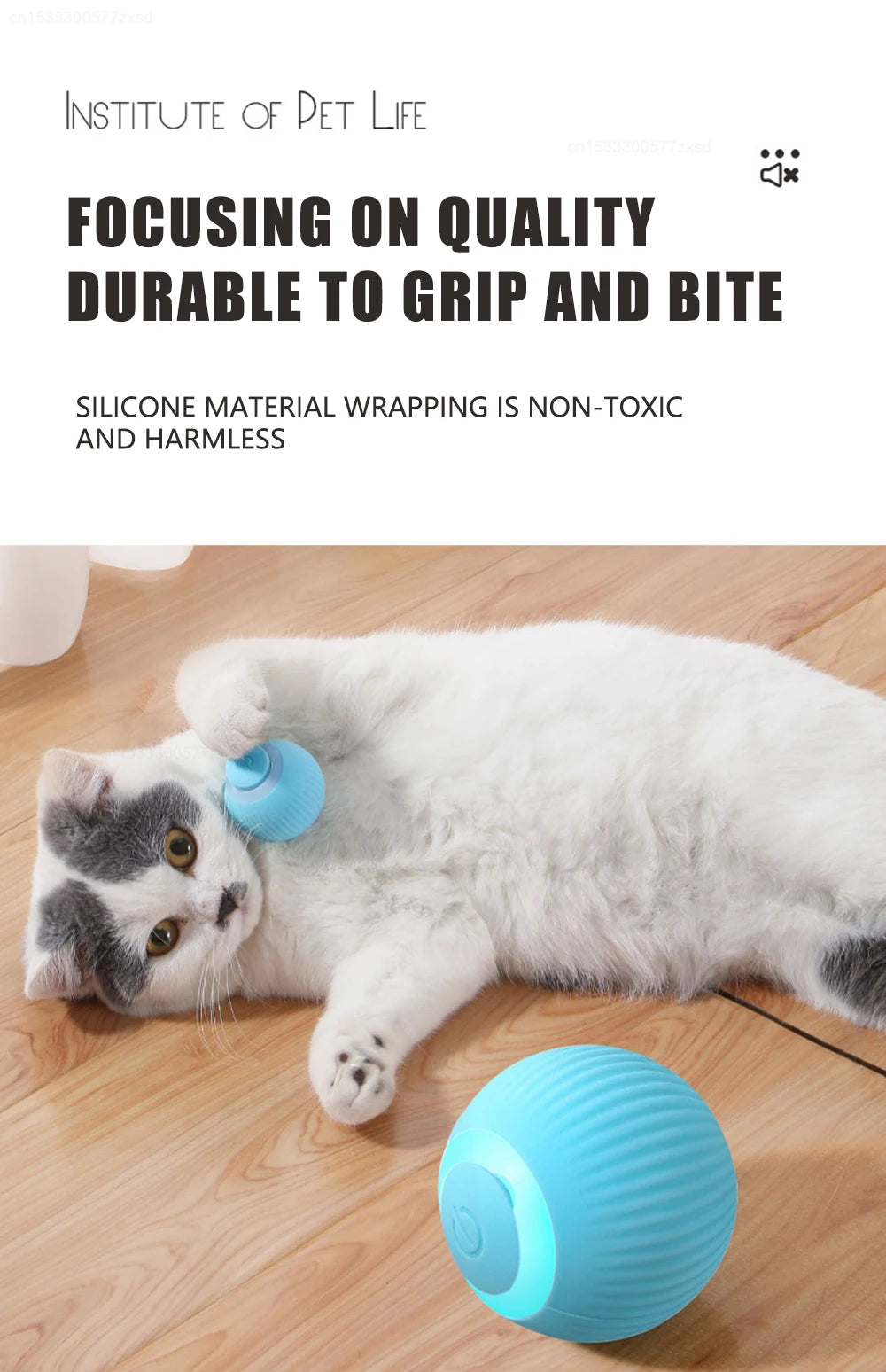 A light blue, textured rolling ball is shown next to a white and gray cat lying on a wooden floor.
