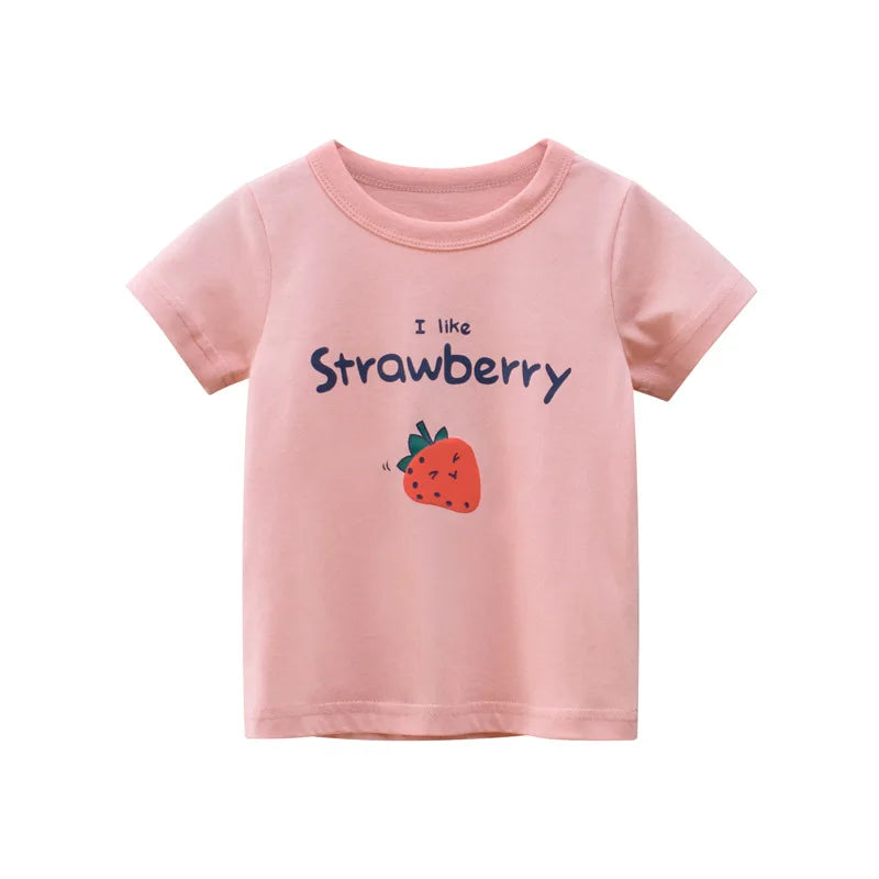 A pink short-sleeve t-shirt for a girl featuring the text I like Strawberry and an illustration of a strawberry.
