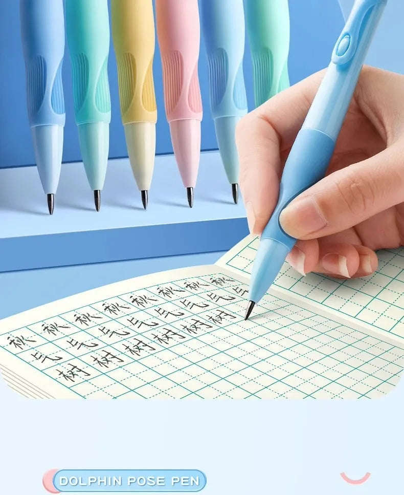 A hand holds a light blue mechanical pencil pen writing on lined paper, with several colored lead refills visible in the back