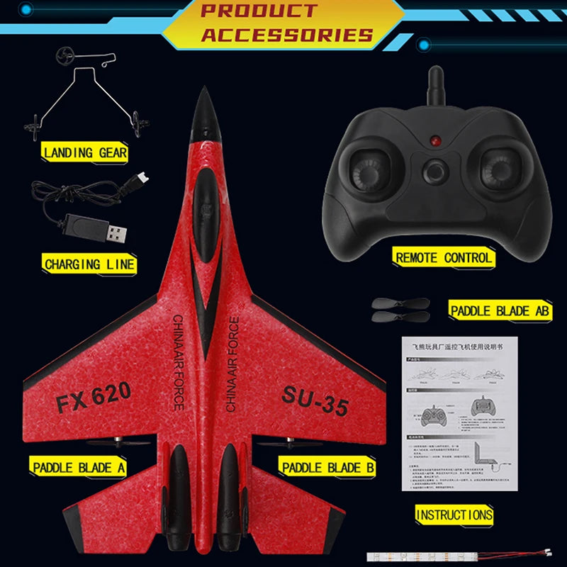 A red SU-35 foam glider model airplane with accessories like a remote control, battery, and instructions.