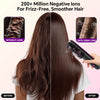 A woman's hair is shown before and after using an ionic straightening brush, demonstrating smoother hair with 200 million neg