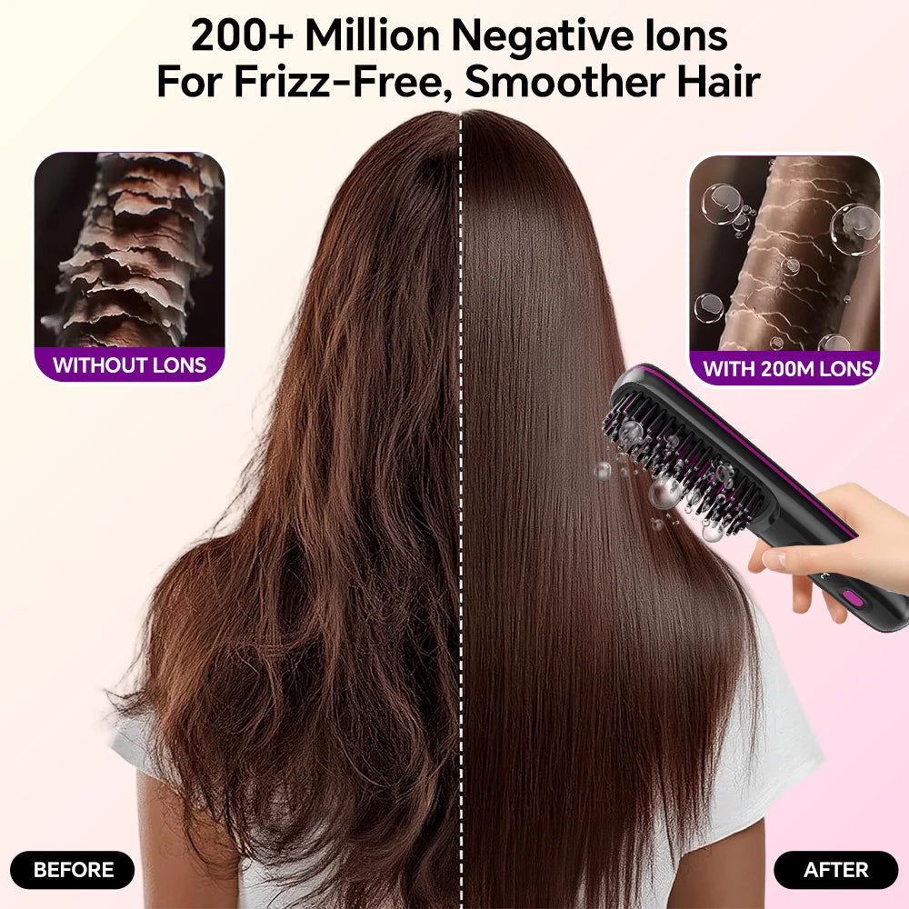 A woman's hair is shown before and after using an ionic straightening brush, demonstrating smoother hair with 200 million neg
