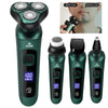 A green 9D shaver is shown with multiple heads and an LCD display, alongside usage before and after images.