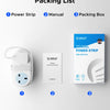 Packing list showing a white travel power strip, user manual, and a packaging box.