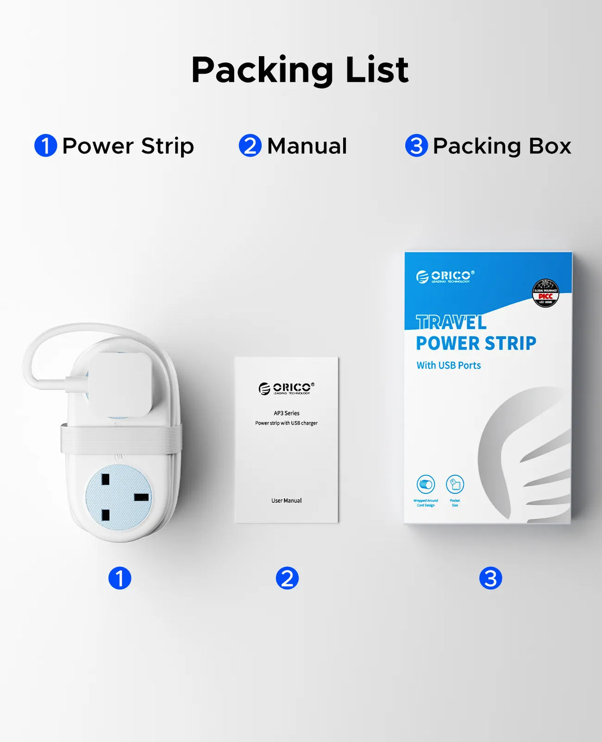Packing list showing a white travel power strip, user manual, and a packaging box.