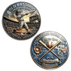 A silver-plated challenge coin featuring a baseball player silhouette and text celebrating an Old Bastards Baseball Club life