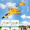A yellow foam SU-27 airplane is shown flying in the sky, demonstrating stability system controls like upward, downward, left,