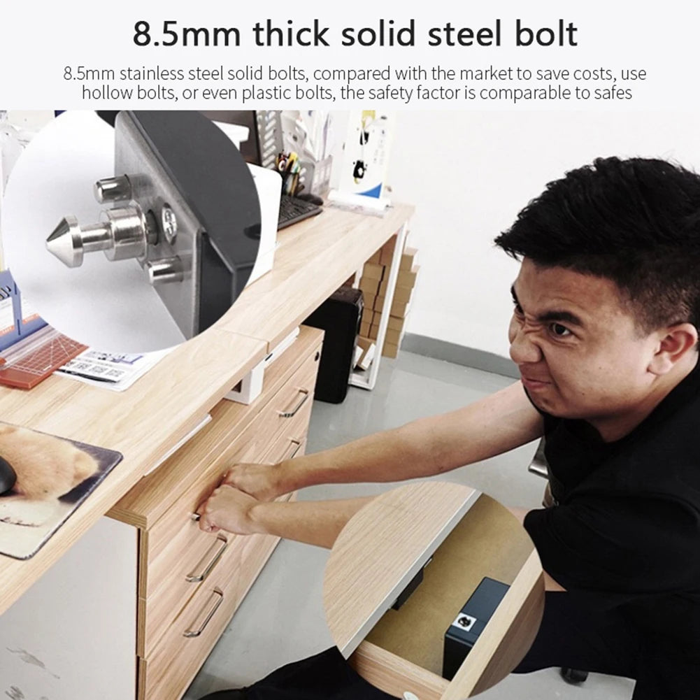A man is shown installing an 8.5mm thick solid steel bolt into a wooden cabinet drawer.