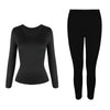 Black women's thermal underwear set with fleece lining, shown as a long-sleeved top and leggings.