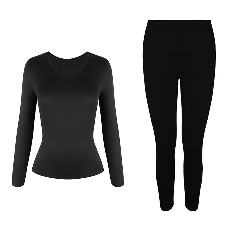 Black women's thermal underwear set with fleece lining, shown as a long-sleeved top and leggings.