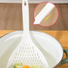 A white long-handled kitchen strainer spoon is shown with a magnified view of its design.