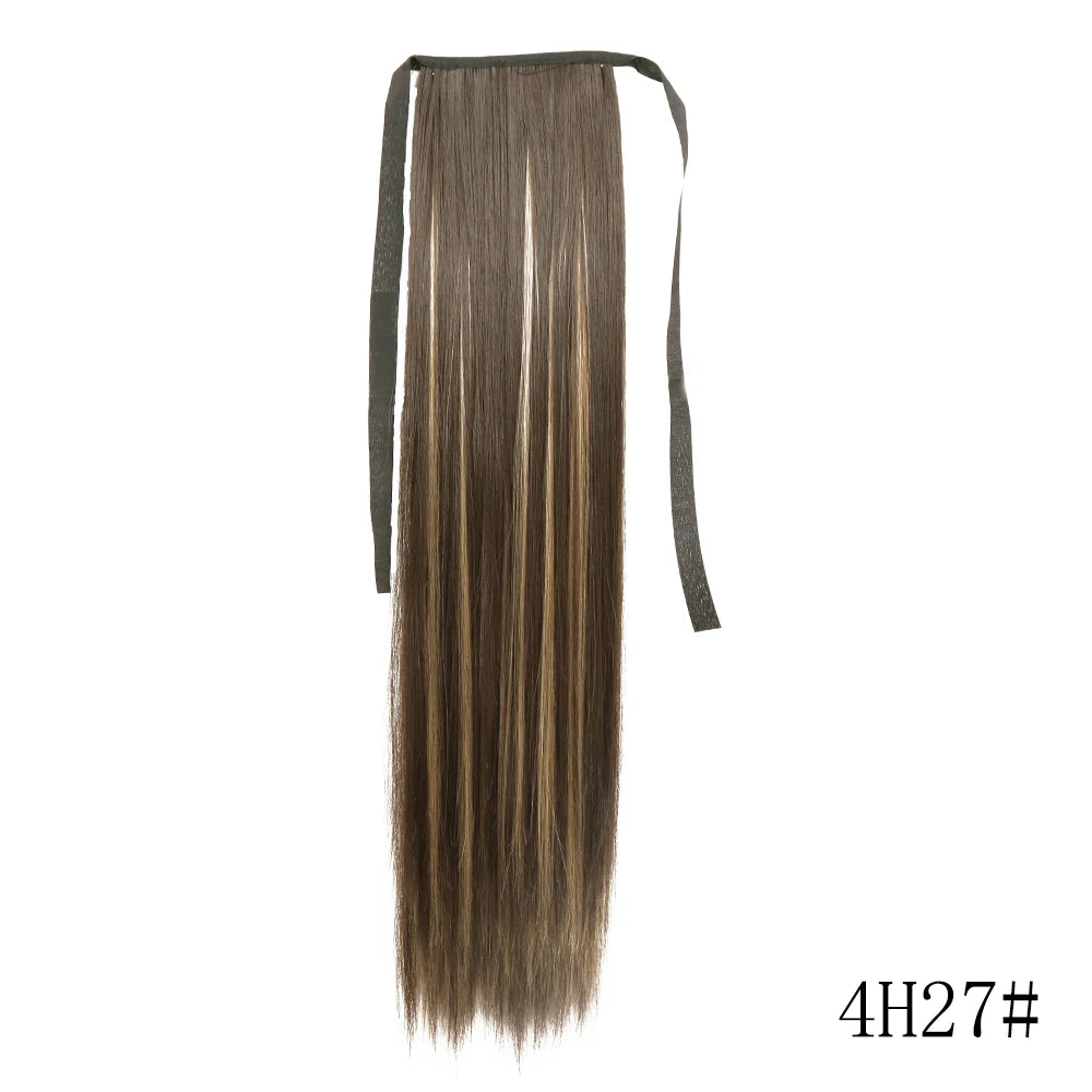 Long, straight brown hair extension with a wrap-around clip-in ponytail design.