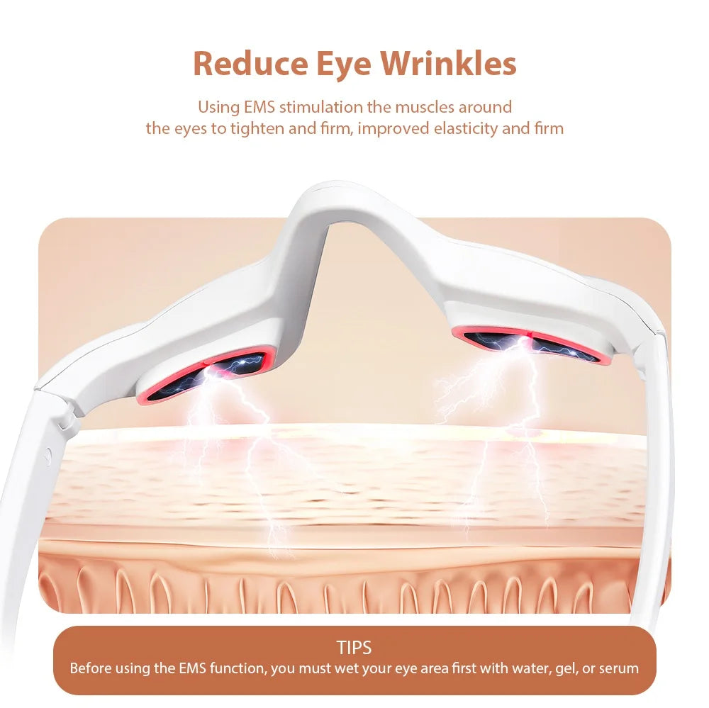 A white 3D eye massager device is shown with light therapy being applied to the eye area.