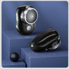 A black portable electric shaver with a silver shaving head is displayed on a blue background.