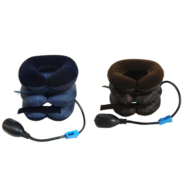 A black inflatable neck stretcher with cervical traction support and a flexible hose.
