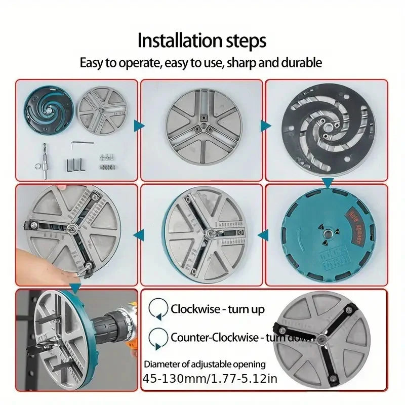 Installation steps showing an adjustable universal hole saw kit for wood, drywall, and soft metals.