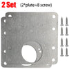 A set of stainless steel cabinet door hinge repair plates and eight screws.