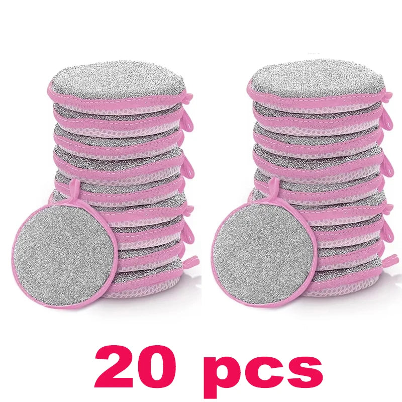 A stack of pink and gray double-sided non-stick dish sponges with scouring pads.