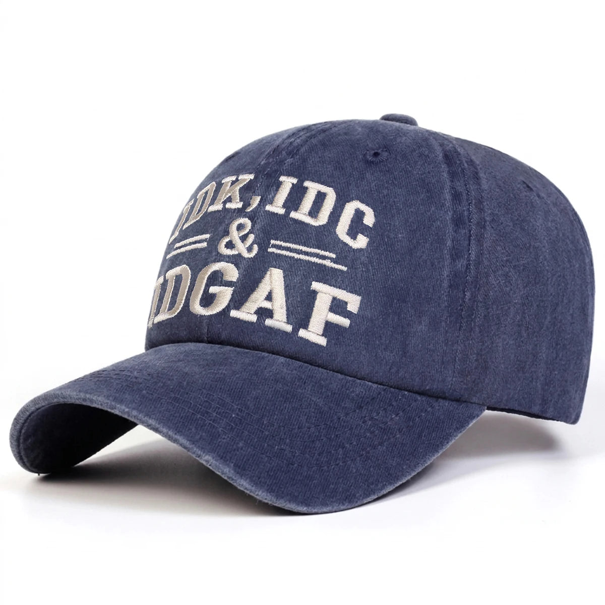 A dark navy letter-embroidered washed baseball cap featuring the text IDK, IDC & IDGAF.