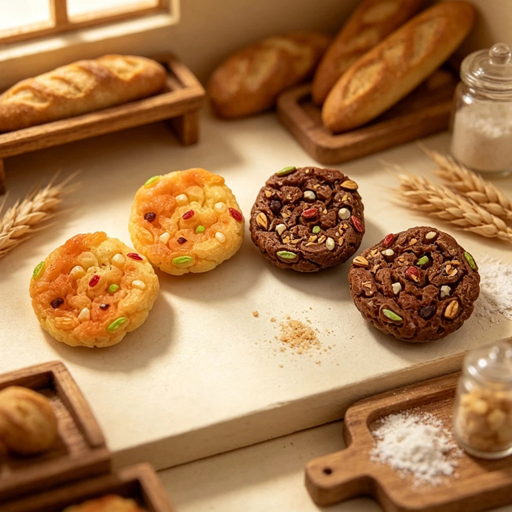 En samling miniatyrbakverk i resin, inkludert kjeks og brød, på en lys overflate.