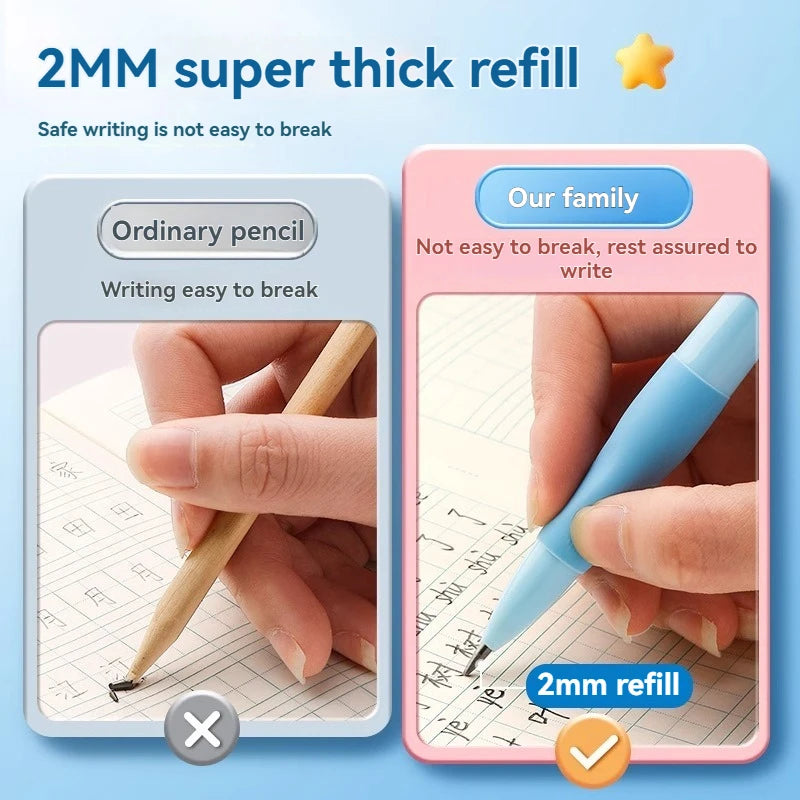 A close-up of a pink mechanical pencil showing a 2mm refill and a comparison to an ordinary pencil.
