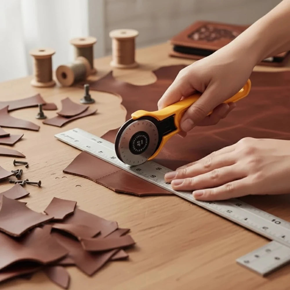 A hand uses a yellow rotary fabric cutter with an ergonomic handle to cut brown leather pieces on a wooden surface.