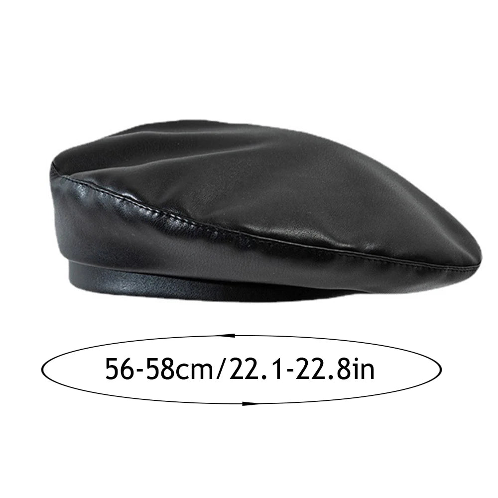 Black PU leather beret hat shown from above with an adjustable fit measurement of 56-58cm (22.1-22.8in).