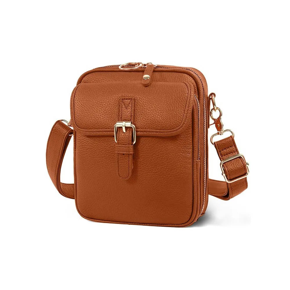 A brown vintage vegan leather messenger bag with an adjustable strap is shown against a white background.