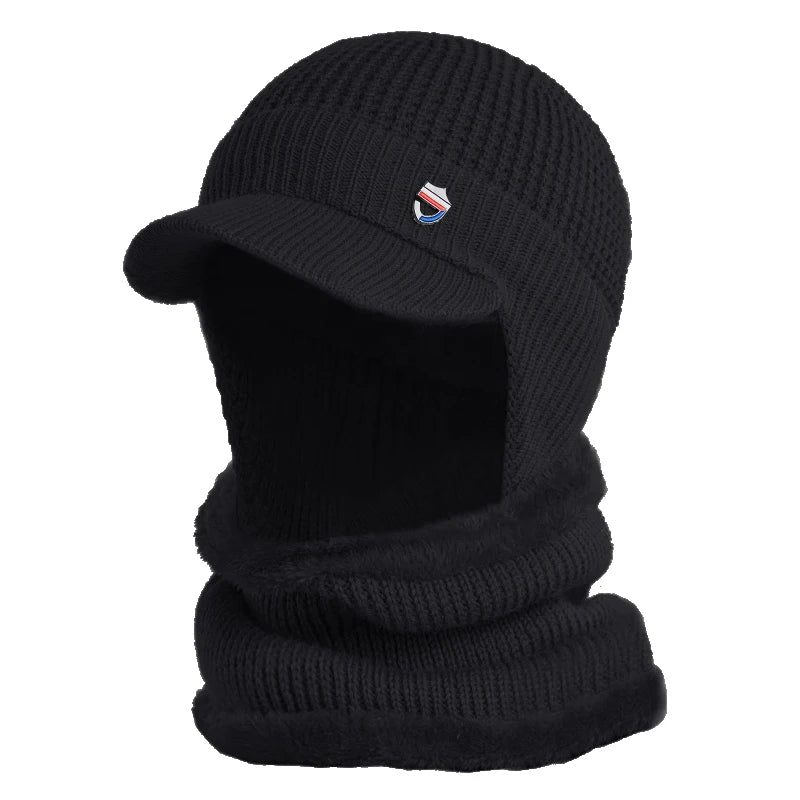 Black men's winter knit beanie hat with a folded scarf