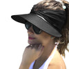 A woman wearing a black UV-protective beach hat and sunglasses against a white background.