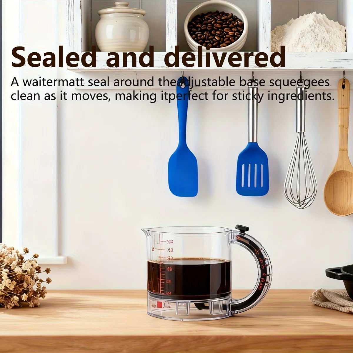 A set of blue and gray silicone spatulas and a glass measuring cup are displayed on a wooden counter.