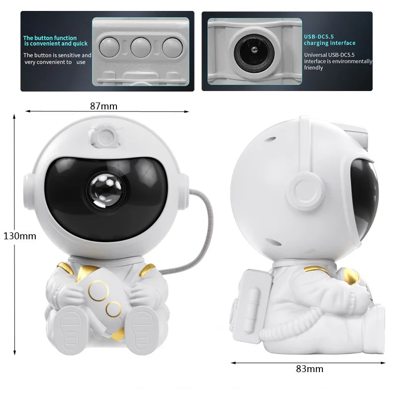 A white astronaut night light projector with a galaxy effect, shown in various views and dimensions.