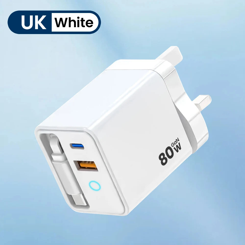 A white 80W USB-C fast charger with a retractable cable is shown against a light blue background.