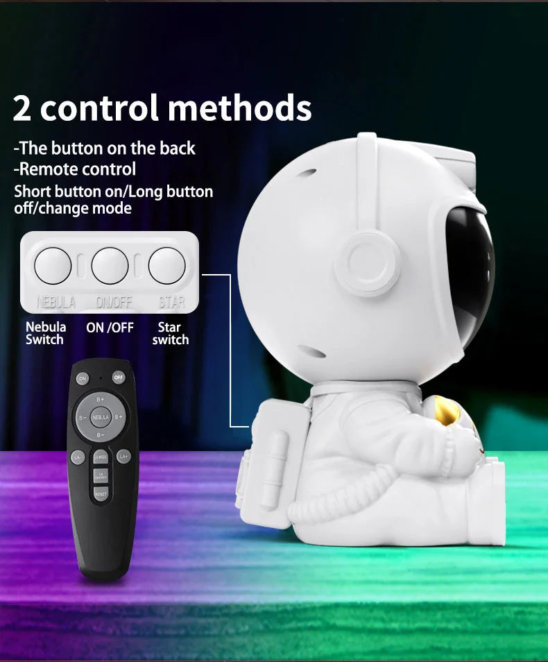 A white astronaut night light is shown next to a remote control and a button switch for two control methods.