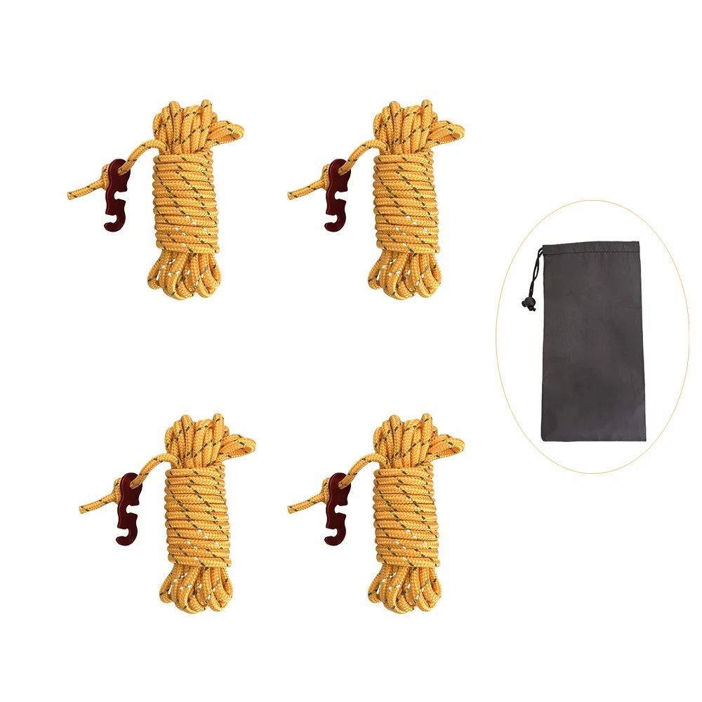 Four sets of yellow braided guy lines with aluminum tensioners and a black fabric pouch.