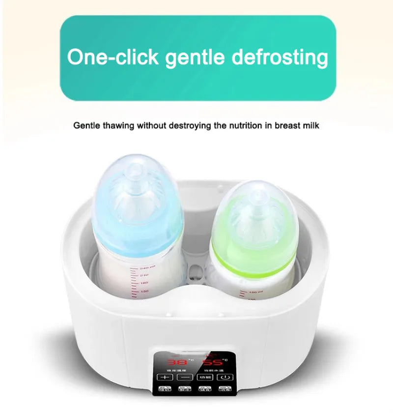 A white multi-function baby bottle warmer and sterilizer device with a clear bottle component.