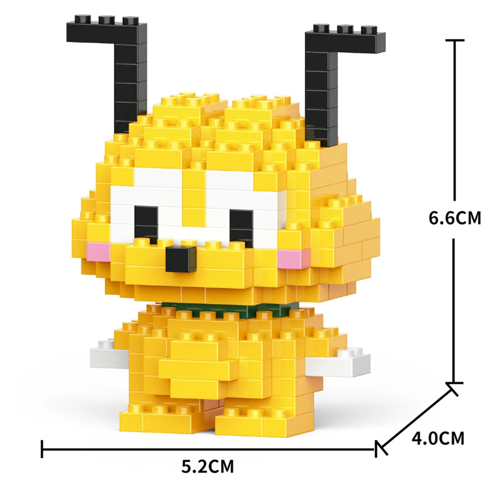 A yellow micro building block figurine of a dog or animal, shown with dimensions.