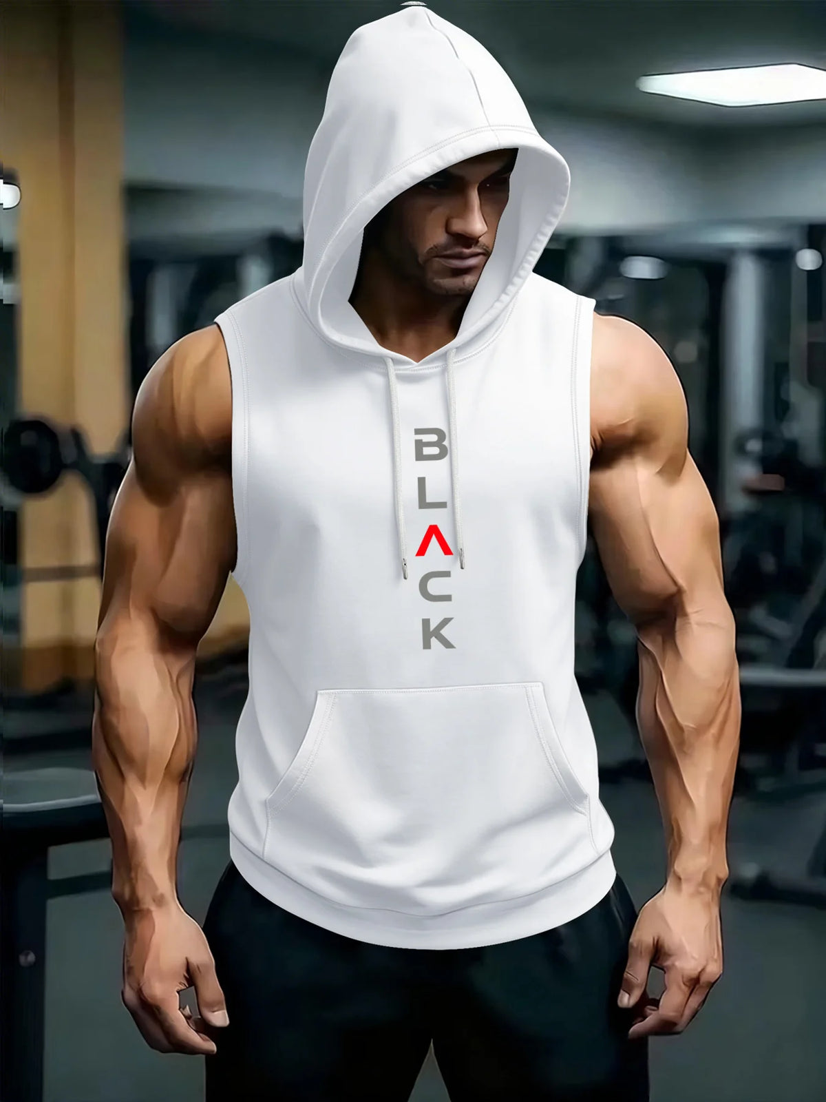 A muscular man wearing a white hooded tank top stands in a gym setting.