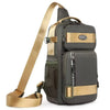A dark gray and tan men's versatile crossbody backpack with a wide strap and multiple compartments.