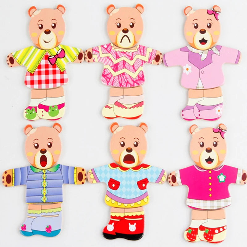 A set of five wooden puzzle dress-up bears in various colors and outfits for children.