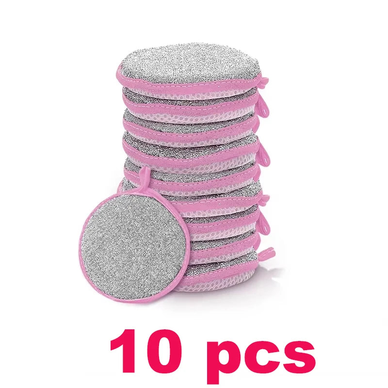 A stack of ten pink and silver double-sided non-stick dish sponges with scouring pads.
