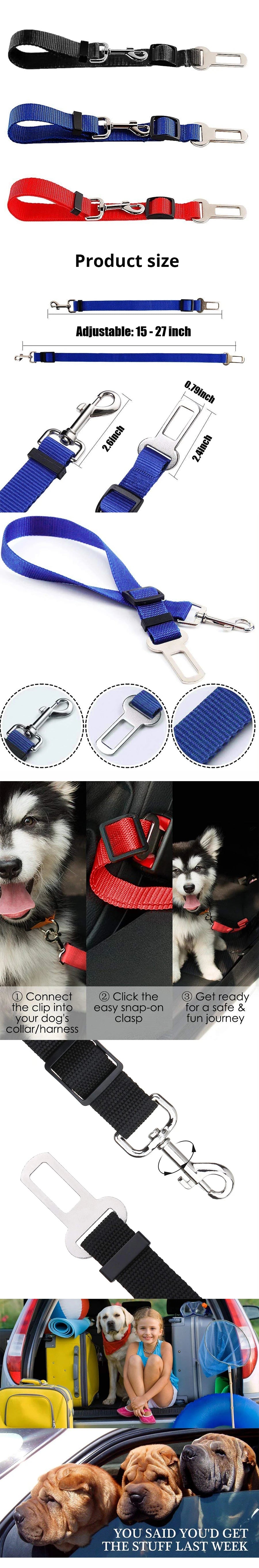 Arnés de seguridad ajustable para mascotas en el coche, color negro, con clip metálico y correa para cinturón, junto a tallas