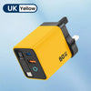 A yellow 80W USB-C fast charger with a black housing and retractable cable is shown against a light blue background.