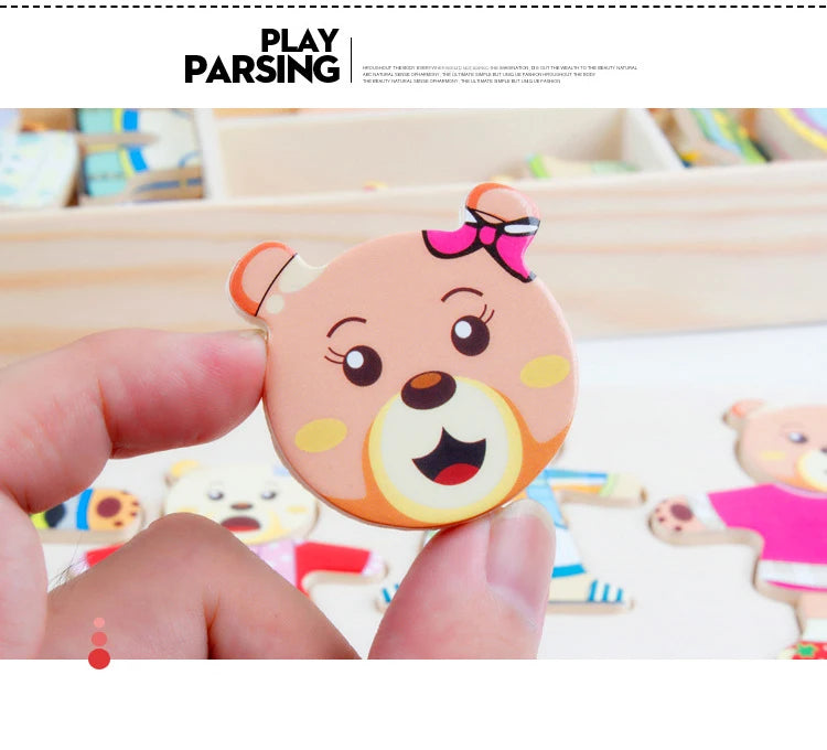 A hand holds a wooden puzzle shaped like a cute bear for children's dress-up play.