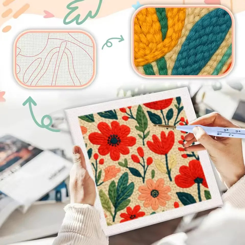 Una mano sostiene un kit de bordado enmarcado con diseños florales coloridos y una muestra de hilo.