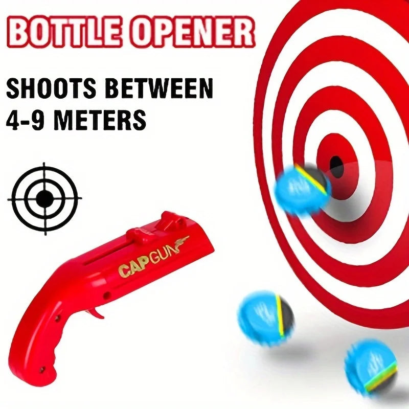 A red bottle opener shaped like a cap gun shoots between 4-9 meters, targeting a bullseye.
