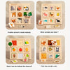 A set of wooden Montessori puzzles matching animals' heads and bodies, fruits, and animal skins.