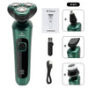 A green electric shaver shown with various attachments and accessories for shaving.